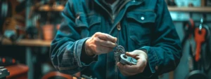 a locksmith holding a shiny new lock in one hand and a set of keys in the other, symbolizing the choice between rekeying and replacing locks.